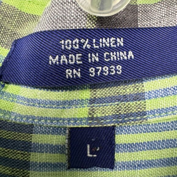 Alan Flusser Green Plaid 100% Linen Short Sleeve Button-Down Shirt Men’s Large - Picture 5 of 8